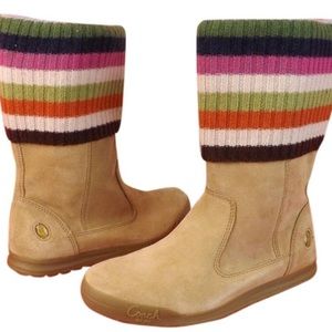 Coach Suede tan boots with multicolor top cover